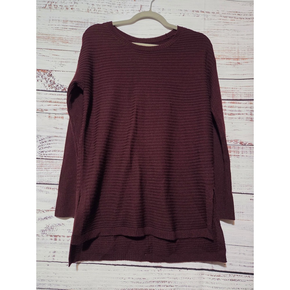 Tahari Women Burgundy Merino Wool Blend Ribbed Button Back Tunic Sweater Small